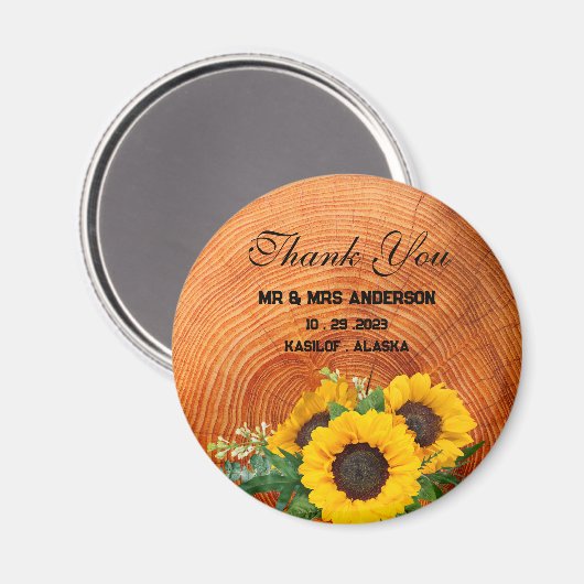 Aimant Tournesol Rustique Mariage en bois Favoriser Cadea (Recto/Verso)