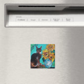 AIMANT TOURNESOLS AVEC CHAT NOIR EN BLEU TURQUOISE (In Situ (Lave-vaisselle))