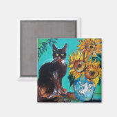 AIMANT TOURNESOLS AVEC CHAT NOIR EN TURQUOISE BLEU (Recto/Verso)