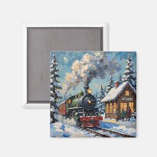 Aimant Train à vapeur de Noël vintage à la gare enneigée