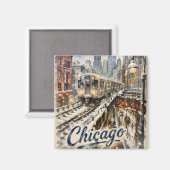 Aimant Train de l'El de Chicago dans la neige d'hiver (Recto/Verso)