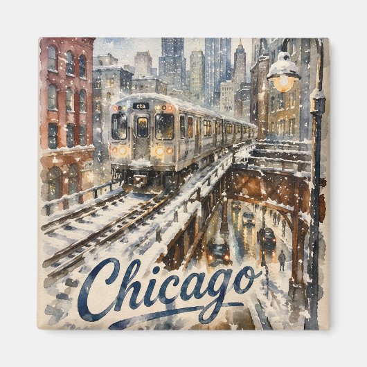 Aimant Train de l'El de Chicago dans la neige d'hiver (Devant)