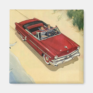 Aimant Transport vintage, voiture décapotable rouge plage
