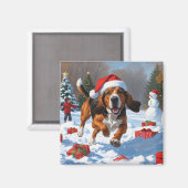 Aimant Treeing Walker Coonhound enneigé avec un chapeau d (Recto/Verso)