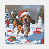 Aimant Trek Walker Coonhound Neige avec Casquette de Noël (Devant)