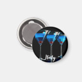 Aimant Trois cocktails bleus avec cerise sur noir (Recto/Verso)