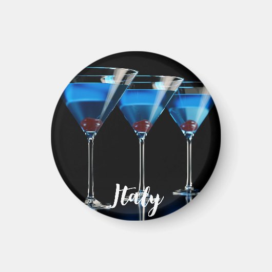 Aimant Trois cocktails bleus avec cerise sur noir (Devant)