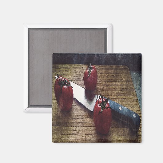 Aimant Trois tomates rouges sur une planche à découper (Recto/Verso)