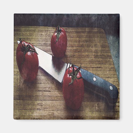 Aimant Trois tomates rouges sur une planche à découper (Devant)