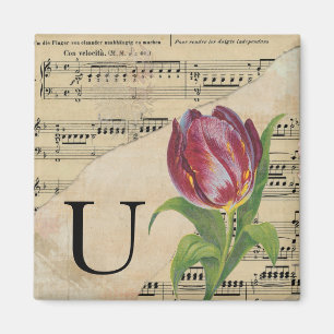 Aimant Tulipe violet feuille de musique Monogramme initia