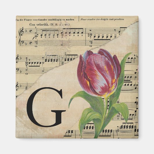 Aimant Tulipe violette feuille de musique Monogramme init (Devant)