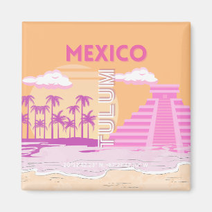 Aimant Tulum, Art Voyage, Art Rétro, Rose, Orange