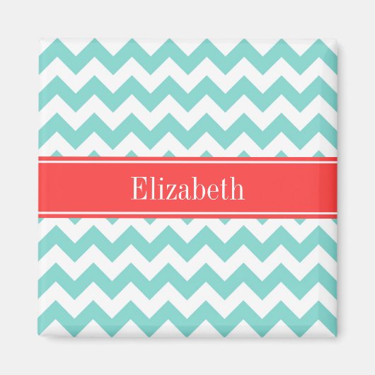 Aimant Turq / Aqua Wht Chevron Coral Nom rouge Monogramme (Devant)