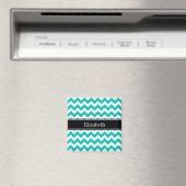 Aimant Turquoise Blanc Chevron ZigZag Nom noir Monogramme (In Situ (Lave-vaisselle))
