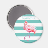 Aimant Turquoise Blanc Stripe Cute Flamant rose Tropical  (Recto/Verso)