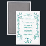 Aimant Turquoise Scrollwork Design Wedding Enregistrer La<br><div class="desc">Mariage enregistrer la conception des cloches magnétiques de date. Customisez ce mariage de couleur turquoise enregistrez l'aimant de date avec vos détails mariages. Si vous avez besoin d'aide pour vous customiser,  contactez-nous via le lien de cette page. Cloches de couleur turquoise conception mariage personnalisé enregistrer la date aimant</div>
