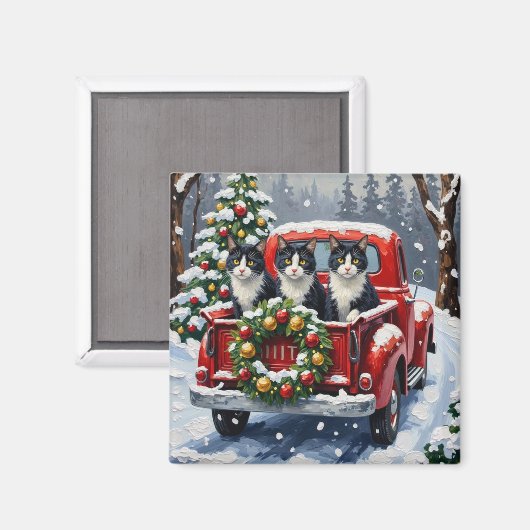 Aimant Tuxedo Cat Christmas Red Truck Holiday (Recto/Verso)