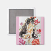 Aimant Tuxedo Chat Cute Rose Fleurs Chats Aquarelle Rose (Recto/Verso)