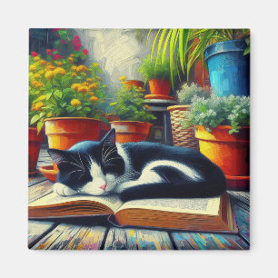 Aimant Tuxedo Chat dormir sur un livre Jardin Peinture