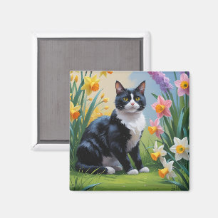 Aimant Tuxedo Chat Fleurs de Printemps Peinture