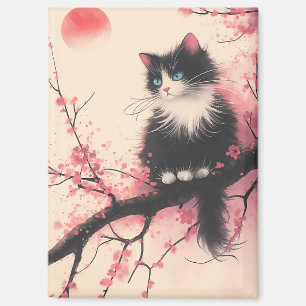 Aimant Tuxedo Chat sur la fleur de cerise esthétique japo