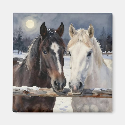 Aimant Two Horses on a Snowy Farm Under the Moon (Devant)