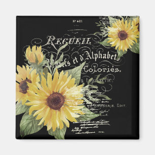 Aimant Typographie vintage et tournesols sur fond noir 