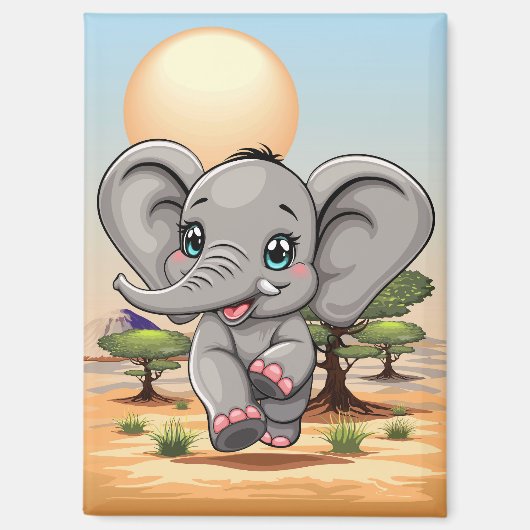 Aimant Un bébé éléphant qui sonne heureux dans la savane (Recto)