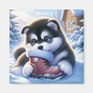 Aimant Un chiot joue avec une botte d'hiver couverte de n