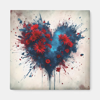 Aimant Un coeur bleu éclatant avec des fleurs rouges