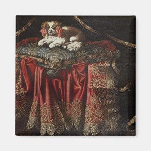 Aimant Un épagneul posé sur un coussin brodé