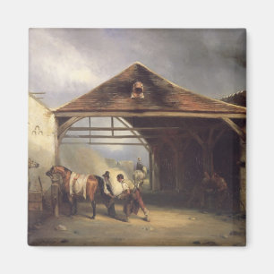 Aimant Un paysan chaussant un cheval