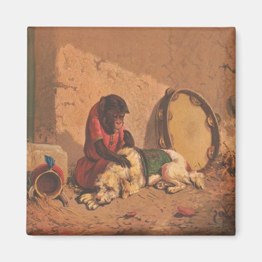 Aimant Un Singe Et Un Chien Avec Un Grand Tambourin (Devant)