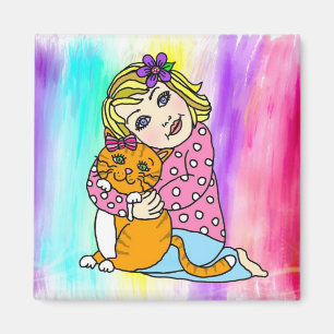 Aimant Une fille et son chat Hugs et l'amour de l'artisan