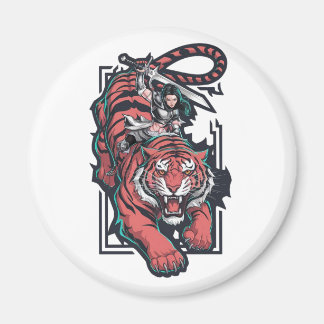 Aimant Une guerrière au sommet d'un énorme tigre