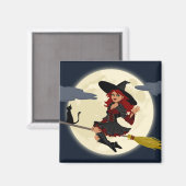 Aimant Une sorcière d'halloween conviviale sur le balai e (Recto/Verso)