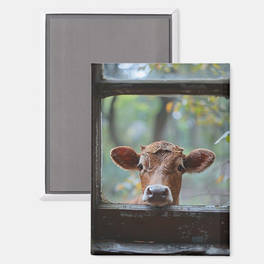 Aimant Une vache curieuse qui regarde à travers une fenêt (Recto/Verso)