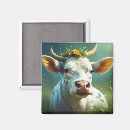 Aimant Vache Ai blanche mignonne avec cornes et fleurs (Recto/Verso)