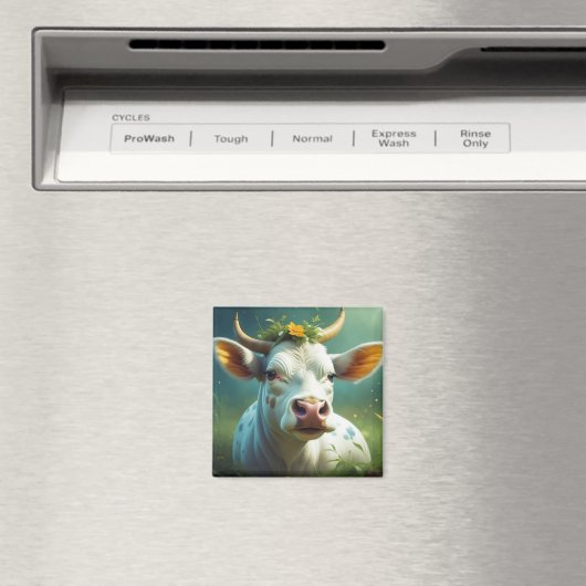 Aimant Vache Ai blanche mignonne avec cornes et fleurs (In Situ (Lave-vaisselle))