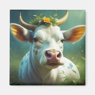 Aimant Vache Ai blanche mignonne avec cornes et fleurs