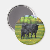 Aimant Vache d'Angus noir et veau mou en pâturage d'été (Recto/Verso)