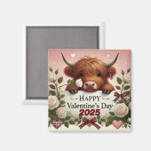 Aimant Vache de Highland Valentine avec des roses blanche (Recto/Verso)