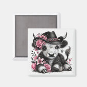 Aimant Vache des Highlands avec chapeau floral (Recto/Verso)