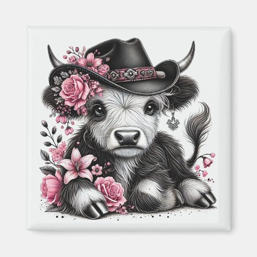 Aimant Vache des Highlands avec chapeau floral (Devant)