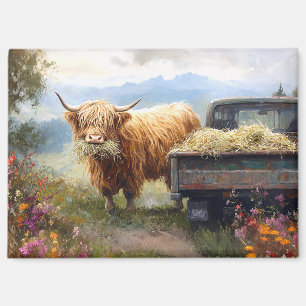 Aimant Vache des Highlands mangeant du foin