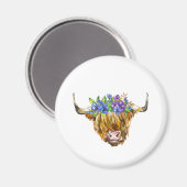 Aimant Vache écossaise Highland avec fleurs Aquarelle (Recto/Verso)