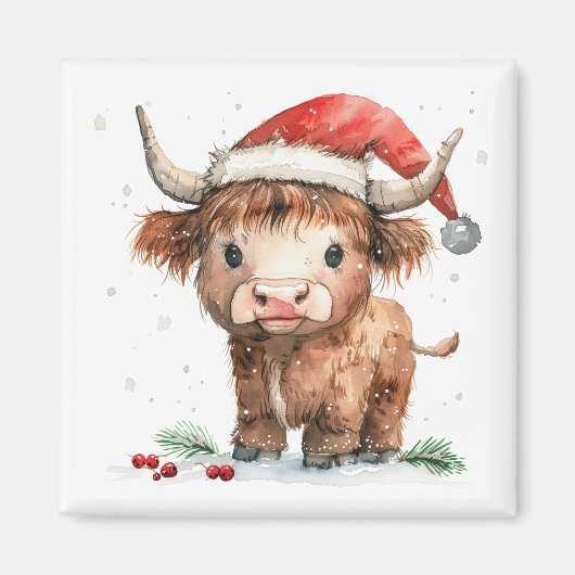 Aimant Vache Highland à Santa Hat Blanc (Devant)