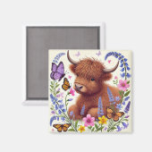 Aimant Vache Highland aux fleurs et papillons (Recto/Verso)