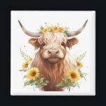 Aimant Vache Highland avec Couronne de fleurs de tourneso<br><div class="desc">jolie vache des hautes terres, couronne de tournesol jaune, tournesols sur la tête cornée, fleurs et cornes de taureau, peinture d'aquarelle illustration, beau ranch de bétail écossais, champ de prairie nature sauvage, vibe de printemps de la ferme d'été, fermier de cowgirl, fleurie shaggy doux adorable</div>