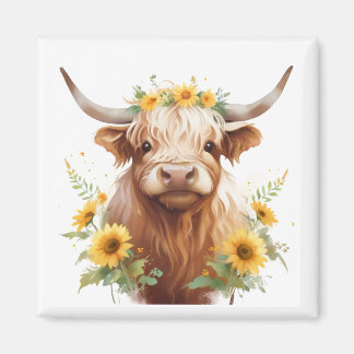 Aimant Vache Highland avec Couronne de fleurs de tourneso
